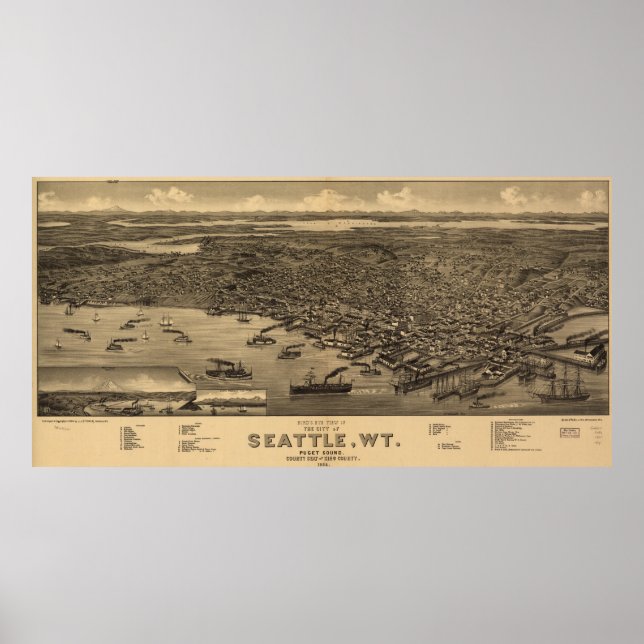 Vintage Karte Seattles (1884) Poster (Vorne)