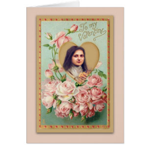 Vintage Karte St. Therese mit rosa Rosen