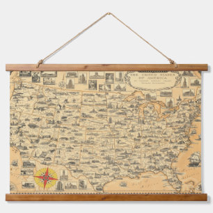 Vintage-Karte Vereinigte Staaten von Amerika USA U Wandteppich Mit Holzrahmen