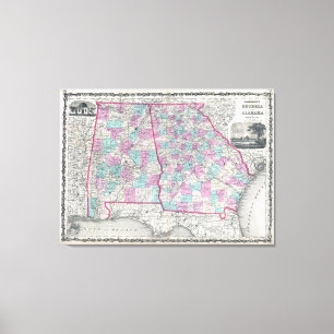 Vintage Karte von Alabama und von Georgia (1862) Leinwanddruck