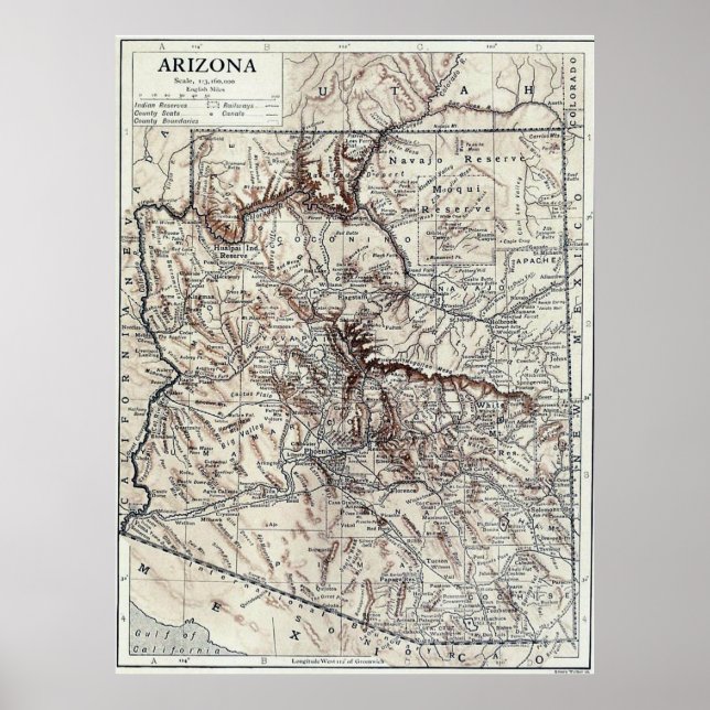 Vintage Karte von Arizona (1911) Poster (Vorne)