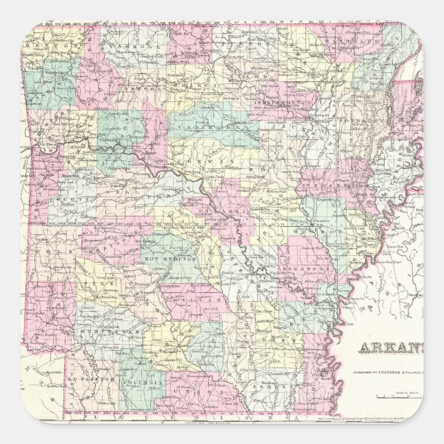 Vintage Karte von Arkansas (1855) Quadratischer Aufkleber (Vorderseite)