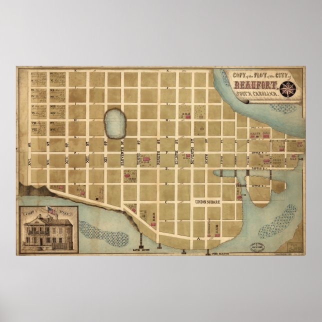 Vintage Karte von Beaufort SC (1860er) Poster (Vorne)