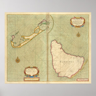 Vintage Karte von Bermuda & Barbados (1707) Poster