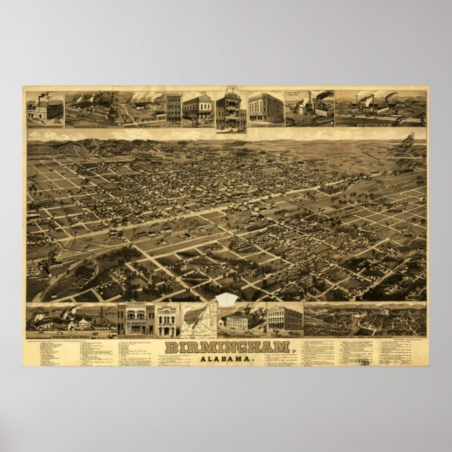 Vintage Karte von Birmingham, Alabama (1885) Poster (Vorne)