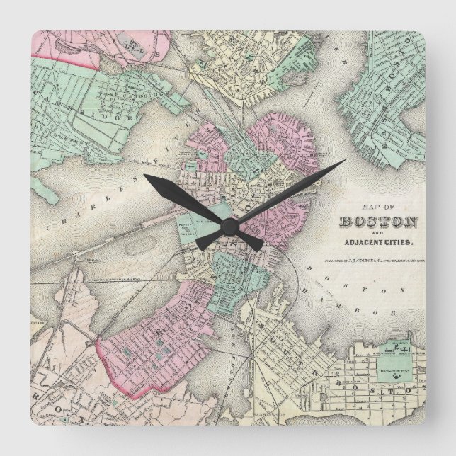 Vintage Karte von Boston-Hafen (1857) Quadratische Wanduhr (Vorderseite)
