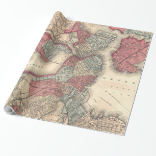 Vintage Karte von Boston Massachusetts (1871) Geschenkpapier