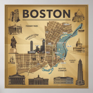 Vintage-Karte von Boston Massachusetts, Boston Ma Poster