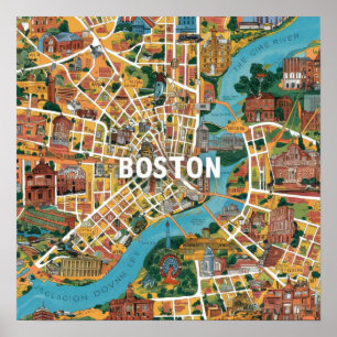 Vintage-Karte von Boston Massachusetts, Boston Ma Poster