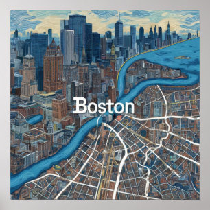 Vintage-Karte von Boston Massachusetts, Boston Ma Poster
