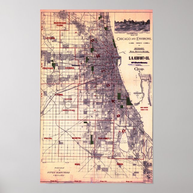 Vintage-Karte von Chicago Poster (Vorne)