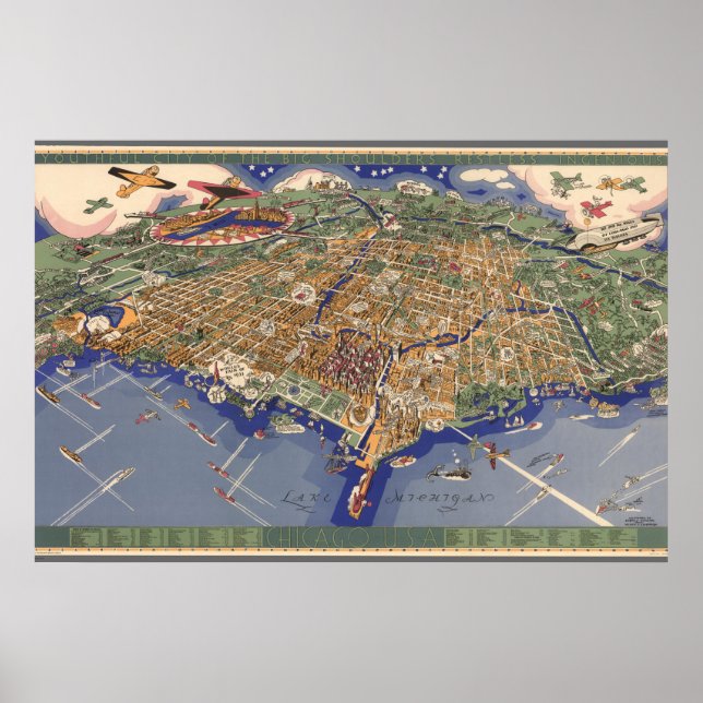 Vintage Karte von Chicago Poster (Vorne)