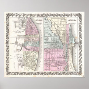 Vintage Karte von Chicago und St. Louis (1855) Poster