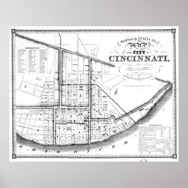 Vintage Karte von Cincinnati Ohio (1841) BW Poster (Vorne)