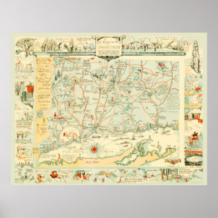 Vintage Karte von Connecticut aus dem Jahr 1926 Poster