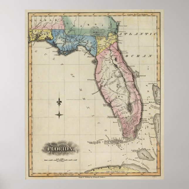Vintage Karte von Florida (1823) Poster (Vorne)