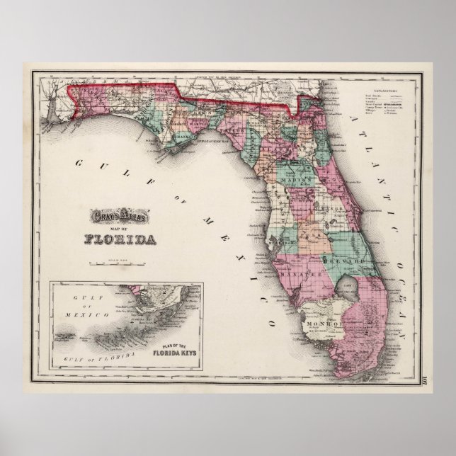 Vintage Karte von Florida (1873) Poster (Vorne)