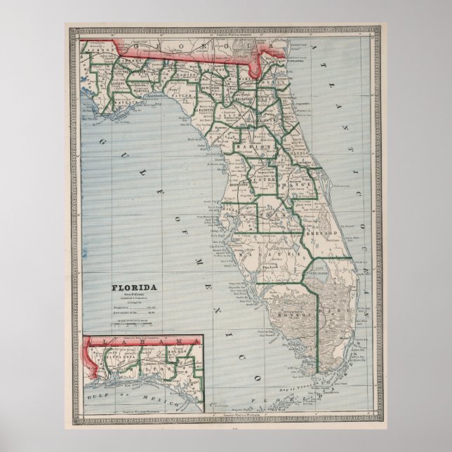 Vintage Karte von Florida (1883) Poster (Vorne)