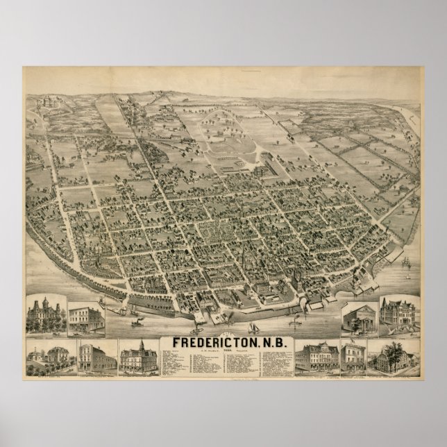 Vintage Karte von Fredericton New Brunswick (1882) Poster (Vorne)