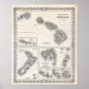Vintage Karte von Hawaii und Neuseeland (1855) Poster