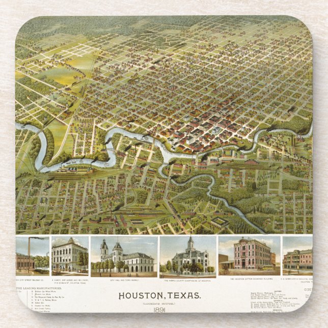 Vintage Karte von Houston Texas (1891) Getränkeuntersetzer (Vorderseite)