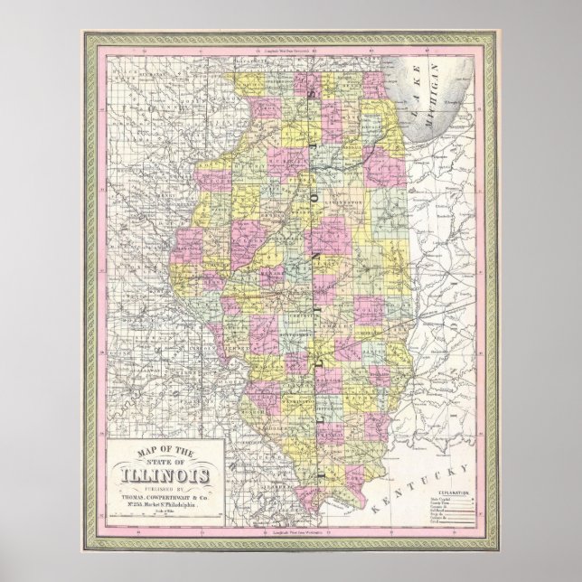 Vintage Karte von Illinois (1850) Poster