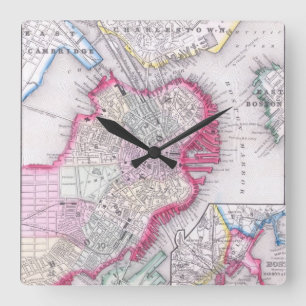 Vintage Karte von im Stadtzentrum gelegenem Boston Quadratische Wanduhr