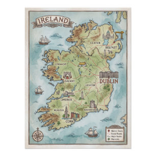 Vintage Karte von Irland - Der Smaragdgrüne Insel Poster