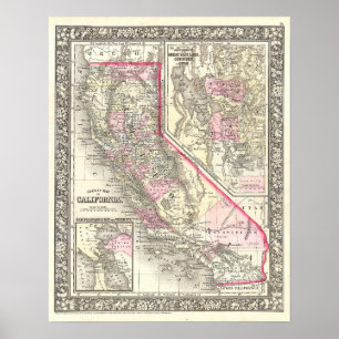 Vintage Karte von Kalifornien, 1866 Poster