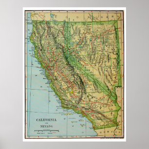 Vintage Karte von Kalifornien und von Nevada Poster