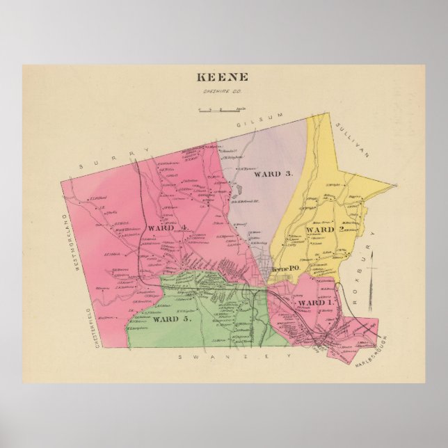 Vintage Karte von Keene New Hampshire (1892) Poster (Vorne)