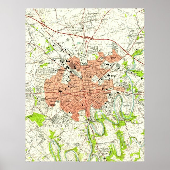 Vintage Karte von Lancaster Pennsylvania (1956) Poster