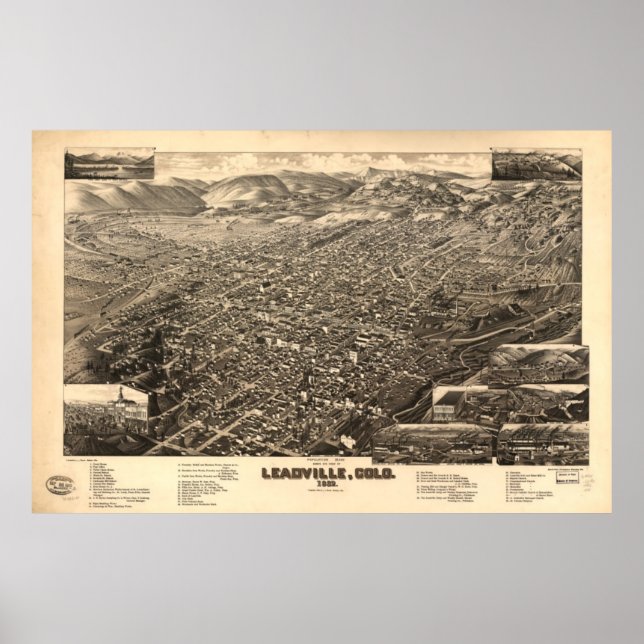Vintage Karte von Leadville CO (1882) Poster (Vorne)