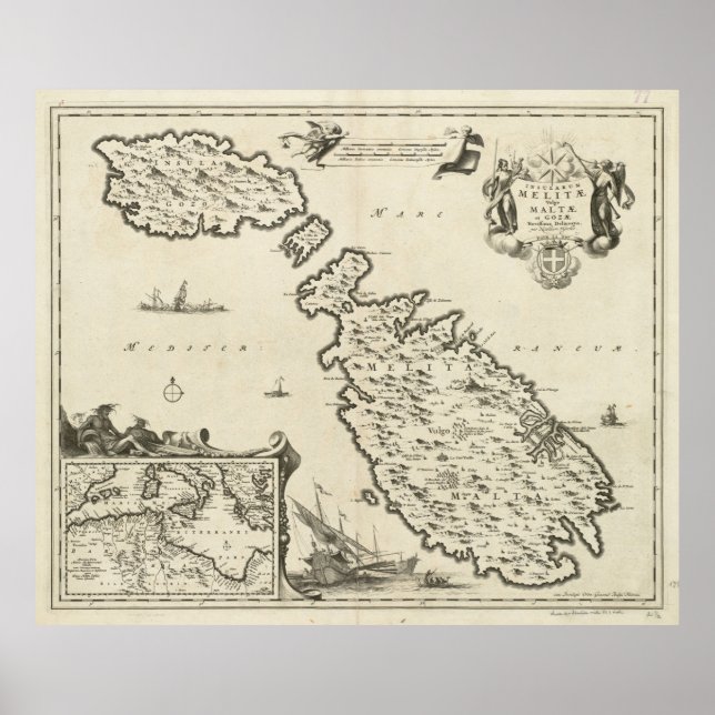 Vintage Karte von Malta (1698) Poster (Vorne)