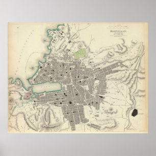 Vintage Karte von Marseille Frankreich (1840) Poster