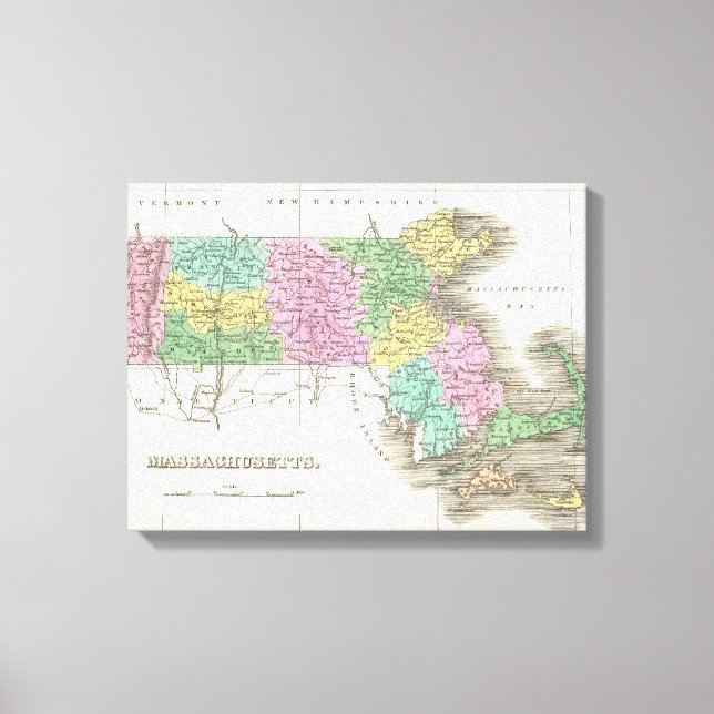 Vintage Karte von Massachusetts (1827) Leinwanddruck (Vorderseite)