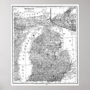 Vintage Karte von Michigan (1909) BW Poster