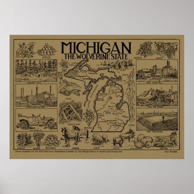 Vintage Karte von Michigan (1912) - Tan Poster (Vorne)