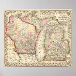 Vintage-Karte von Michigan und Wisconsin Poster 18