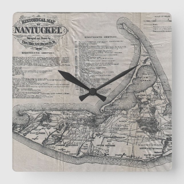 Vintage Karte von Nantucket Quadratische Wanduhr (Vorderseite)