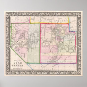 Vintage Karte von Nevada und von Utah (1866) Poster