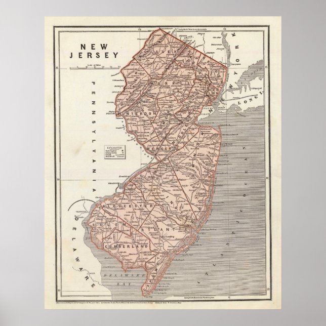 Vintage Karte von New Jersey (1845) Poster (Vorne)