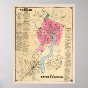 Vintage Karte von Norwalk CT (1867) Poster