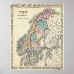 Vintage Karte von Norwegen und von Schweden (1856) Poster