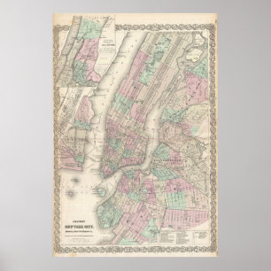 Vintage Karte von NYC und Brooklyn (1865) Poster