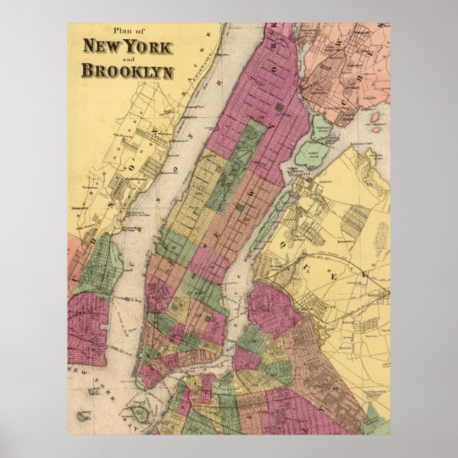 Vintage Karte von NYC und Brooklyn (1868) Poster (Vorne)