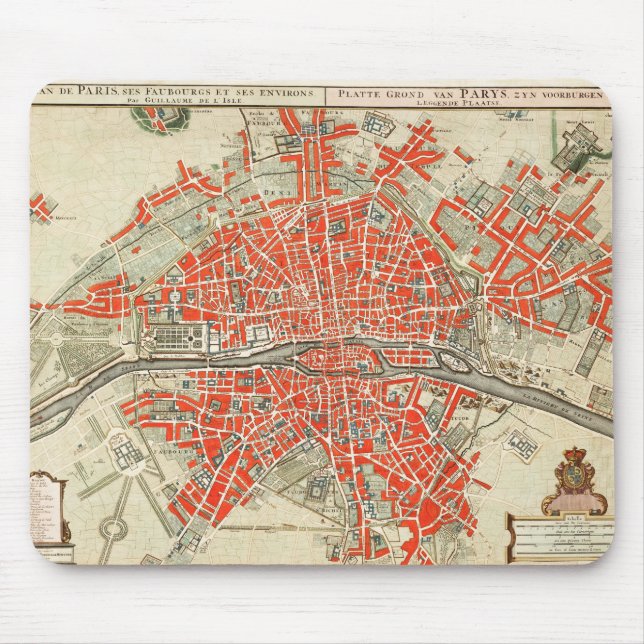 Vintage Karte von Paris Frankreich (1721-1774) Mousepad (Vorne)