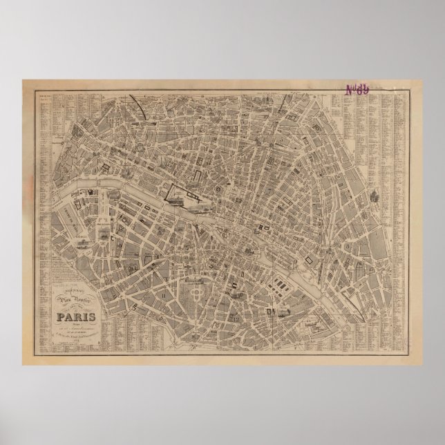 Vintage Karte von Paris Frankreich (1854) Poster (Vorne)