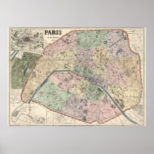 Vintage Karte von Paris Frankreich 1878 Poster