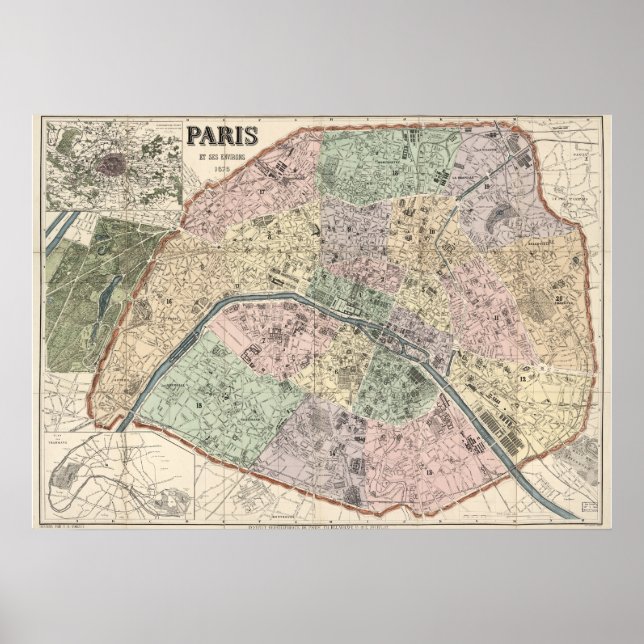 Vintage Karte von Paris Frankreich 1878 Poster (Vorne)
